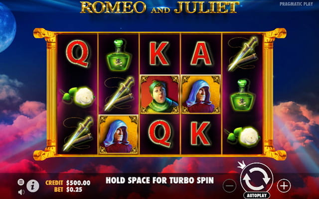 Das Bild zeigt den Startbildschirm des Romeo and Juliet Slot mit 3 Walzen und 5 Reihen. Zu sehen ist das Rosen Symbol und einige mehr.