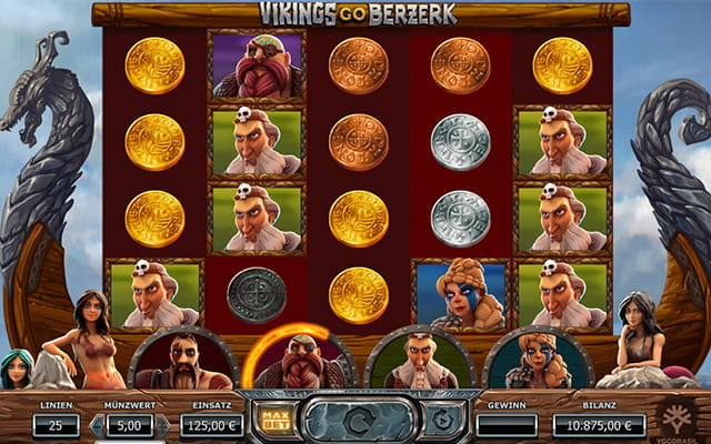 Der Spielablauf des Slots Vikings Go Berzerk. Unter den Walzen sind die Wikinger mit ihrem Berserker Level abgebildet.